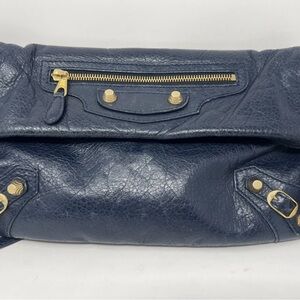 Balenciaga Dark Blue Clutch Crossbody Bag with Gold Accents